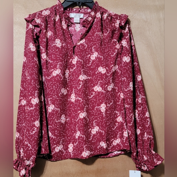 Nwt Rachel Parcell Floral Ruffle Top Burgundy Beet Falling Floral - Picture 2 of 15